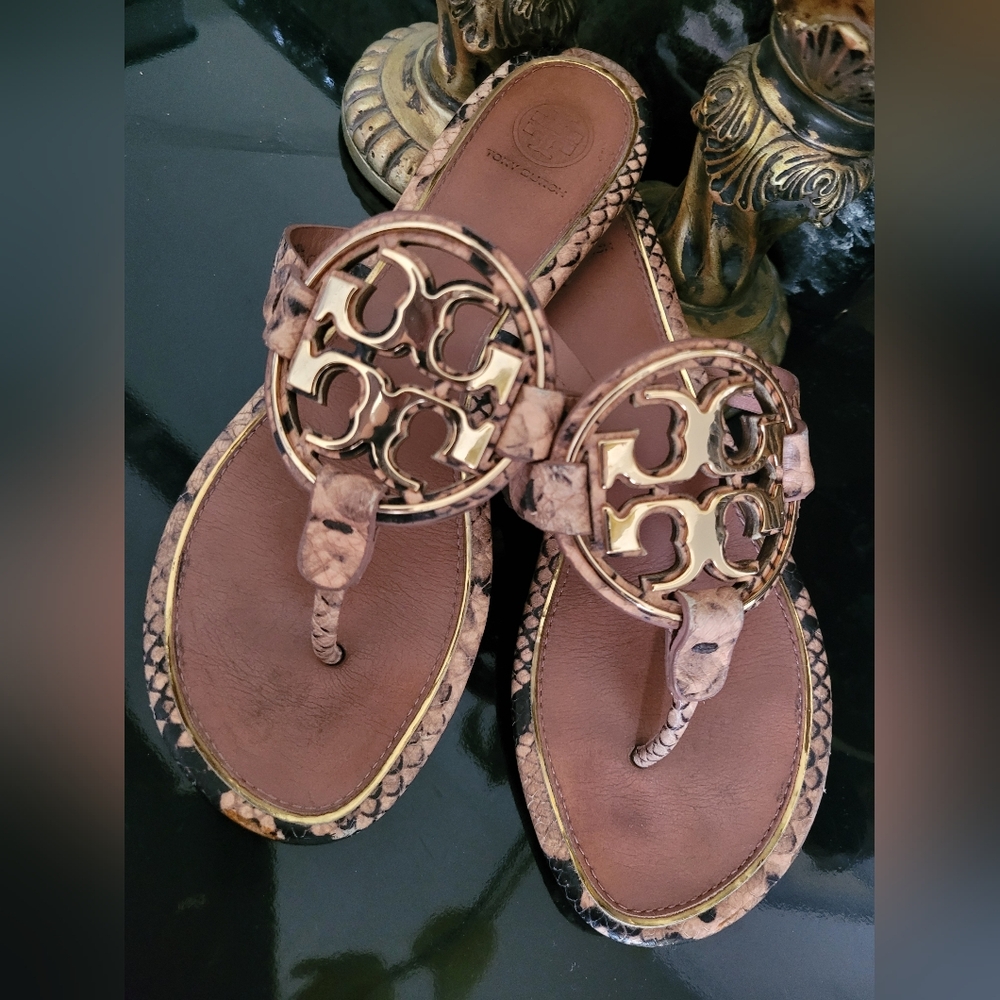 Tory Burch Brown Snake-Print Leather Logo Thong Sandals with Gold Emblem